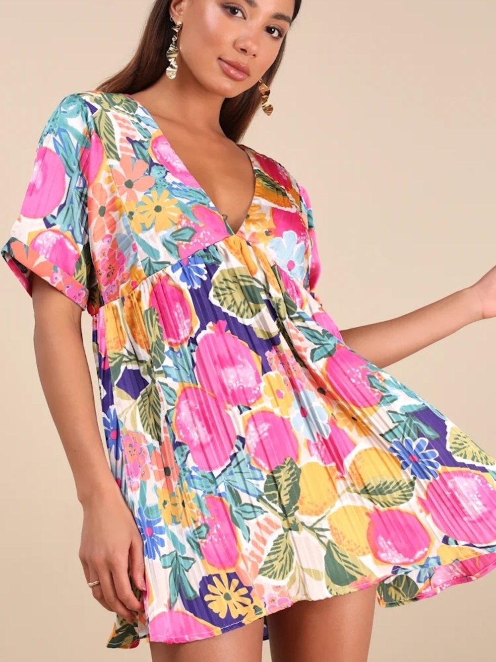 NWT Lulu's Express Yourself Pink Multi Floral Print Satin Babydoll Dress